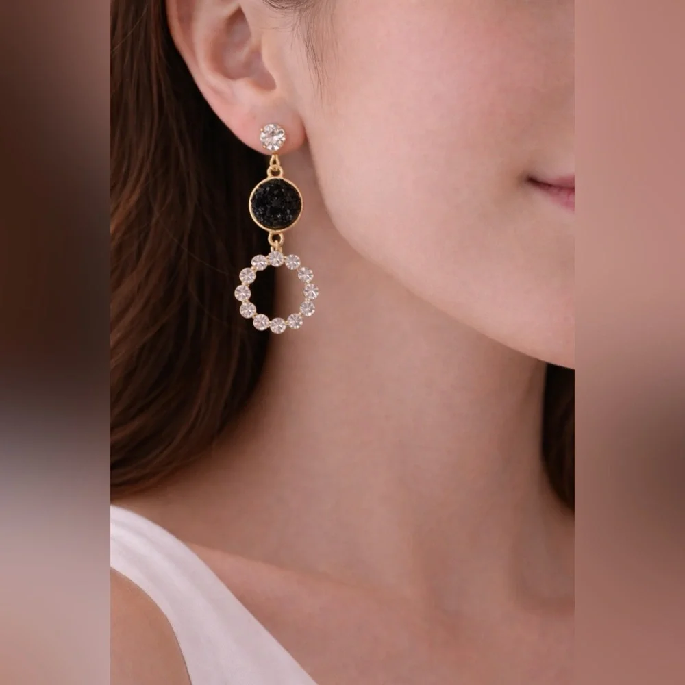 Pastel Faux Black Stone Crystal Gold Rhinestone Earrings Dangle Drop Party NEW